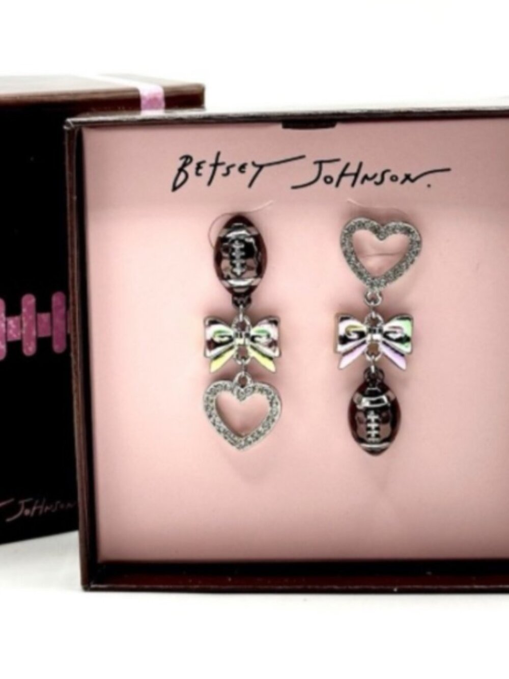 NWT BETSEY JOHNSON Mismatched Love Football Drop Earrings in Gift Box